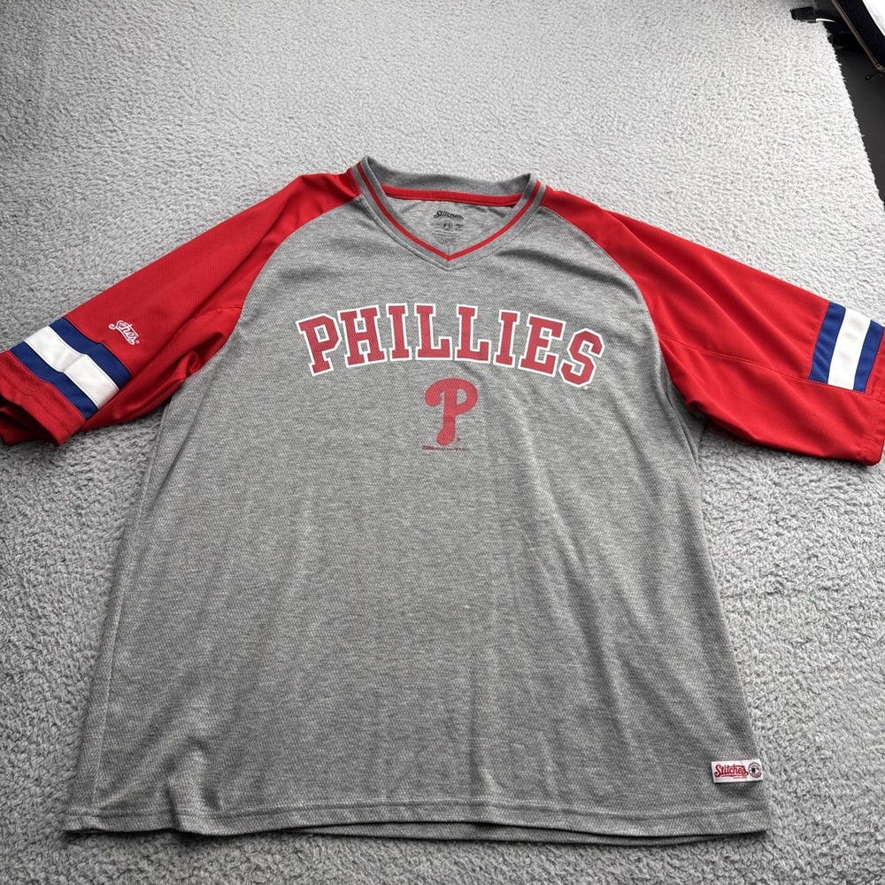 Stitches Philadelphia Phillies Shirt Mens 2XL Gray Red Jersey Raglan V-Neck MLB